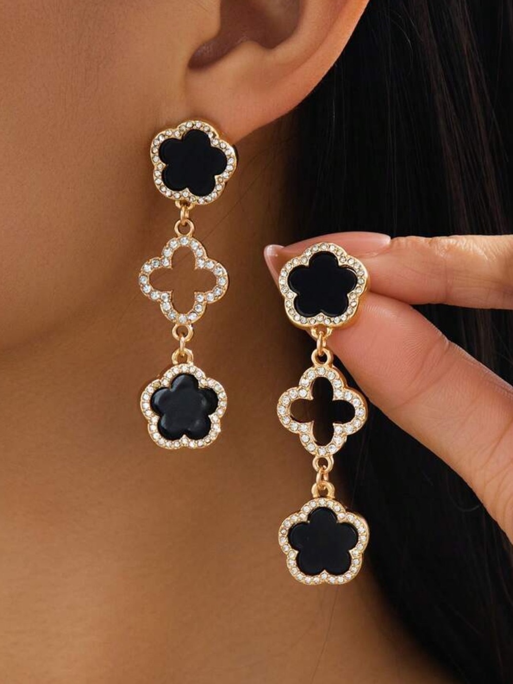 Macy's Gold-Tone Black Clover Drop Earrings with Crystal Accents
